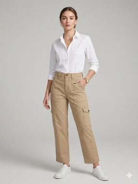 Kensi Pale Khaki Cargo Cropped Safari Pants High Rise Utility Straight Leg 10/30